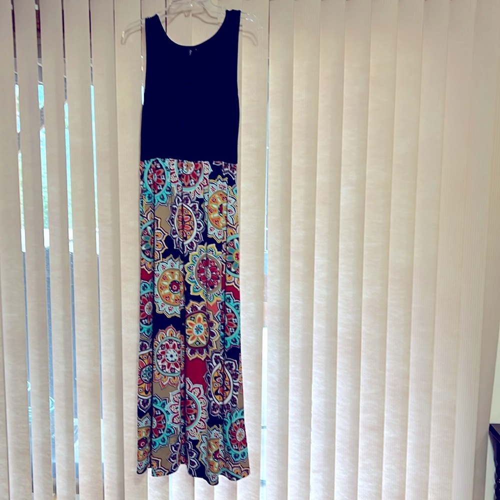 Navy blue & boho print sleeveless maxi dress